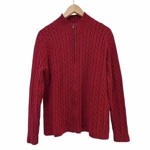 LL Bean Womens Cable Knit Full Zip Mock Neck Sweater Size XL Red Classic Preppy